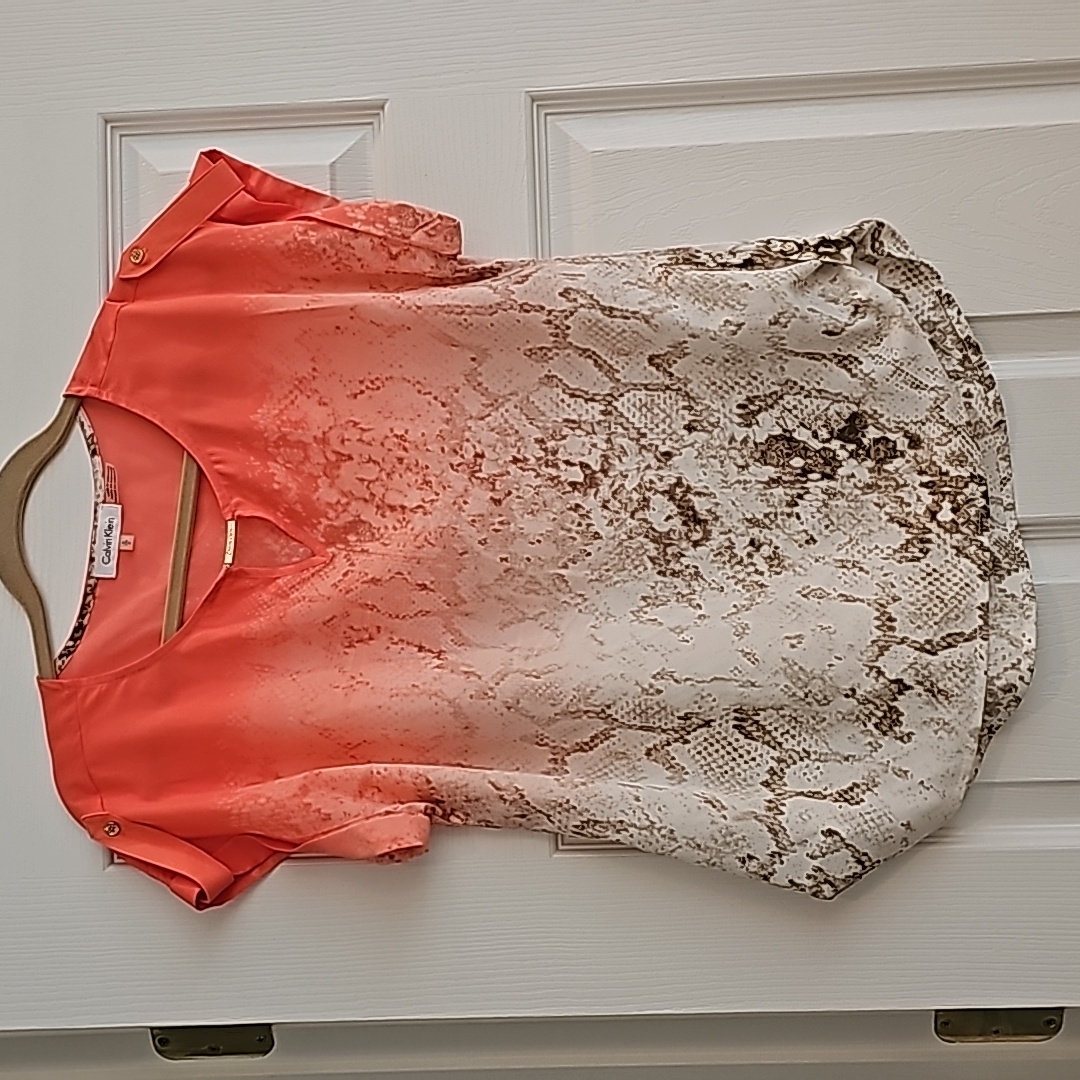 Calvin Klein Women's Blouse In Orange And Cream, Size Small